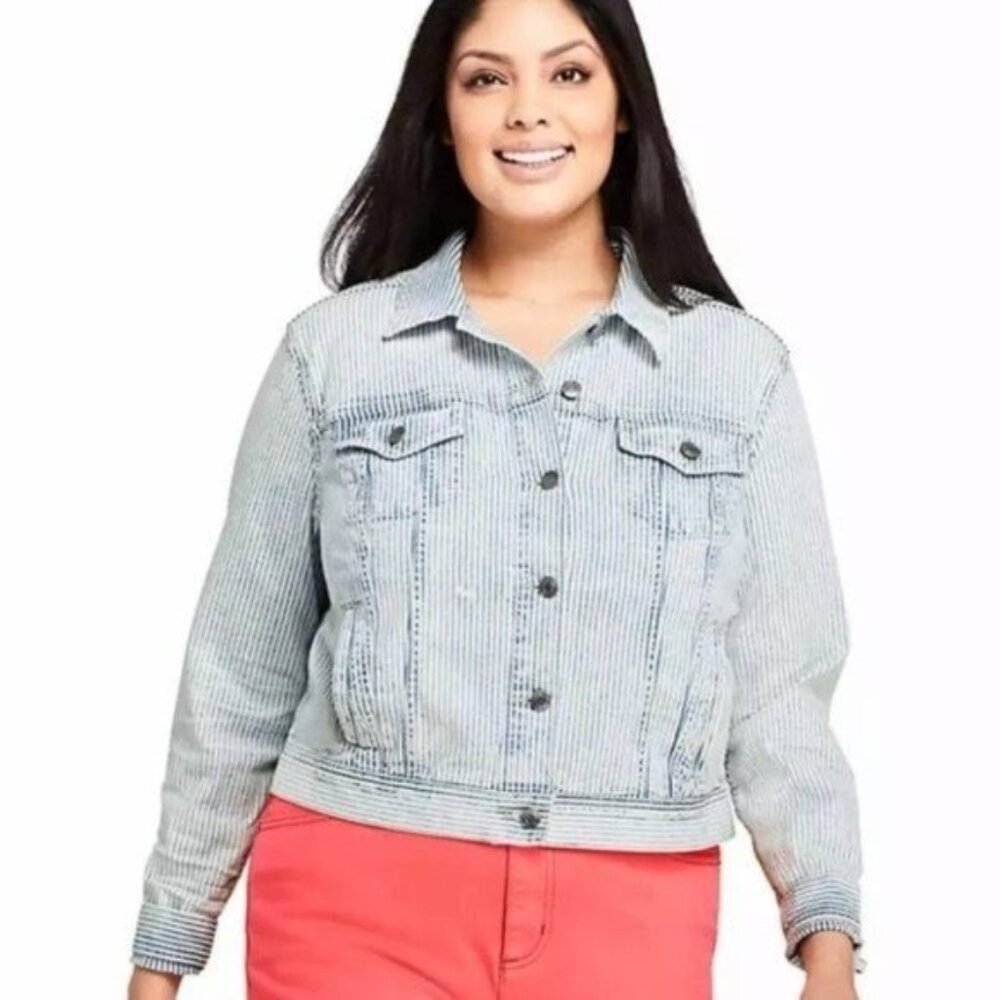 Lands End Striped Oxford Denim Jacket Button Front Jean Jacket